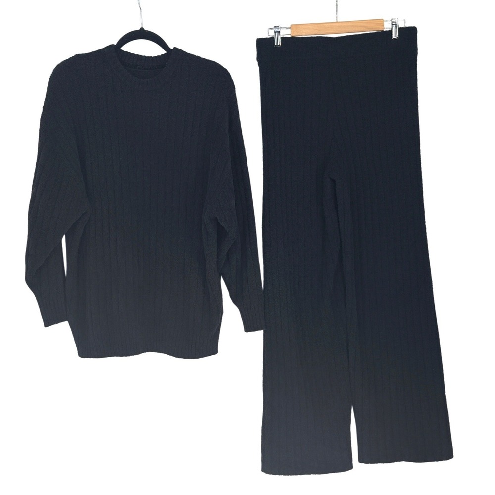 UGG Womens Ribbed Knit Sweater Lounge Set Wide Leg Black Athleisure Minim Size M